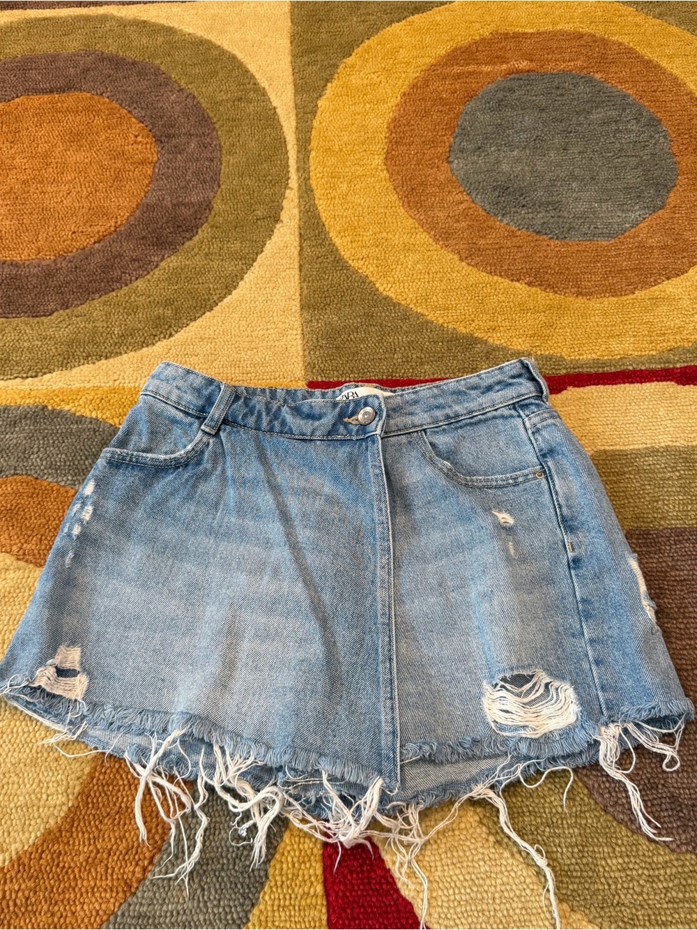 Zara Women Denim Jean Wrap Mini Skort Distressed Back Shorts Size XS
